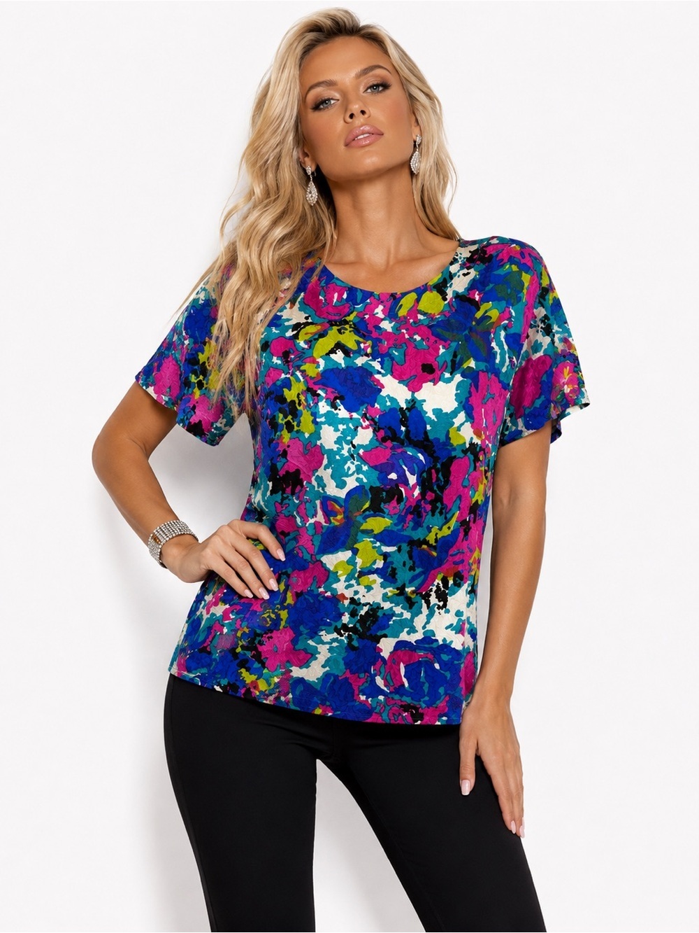 Silk Land 100% Silk Floral Print Short Sleeve Blouse Multicolor Size Large